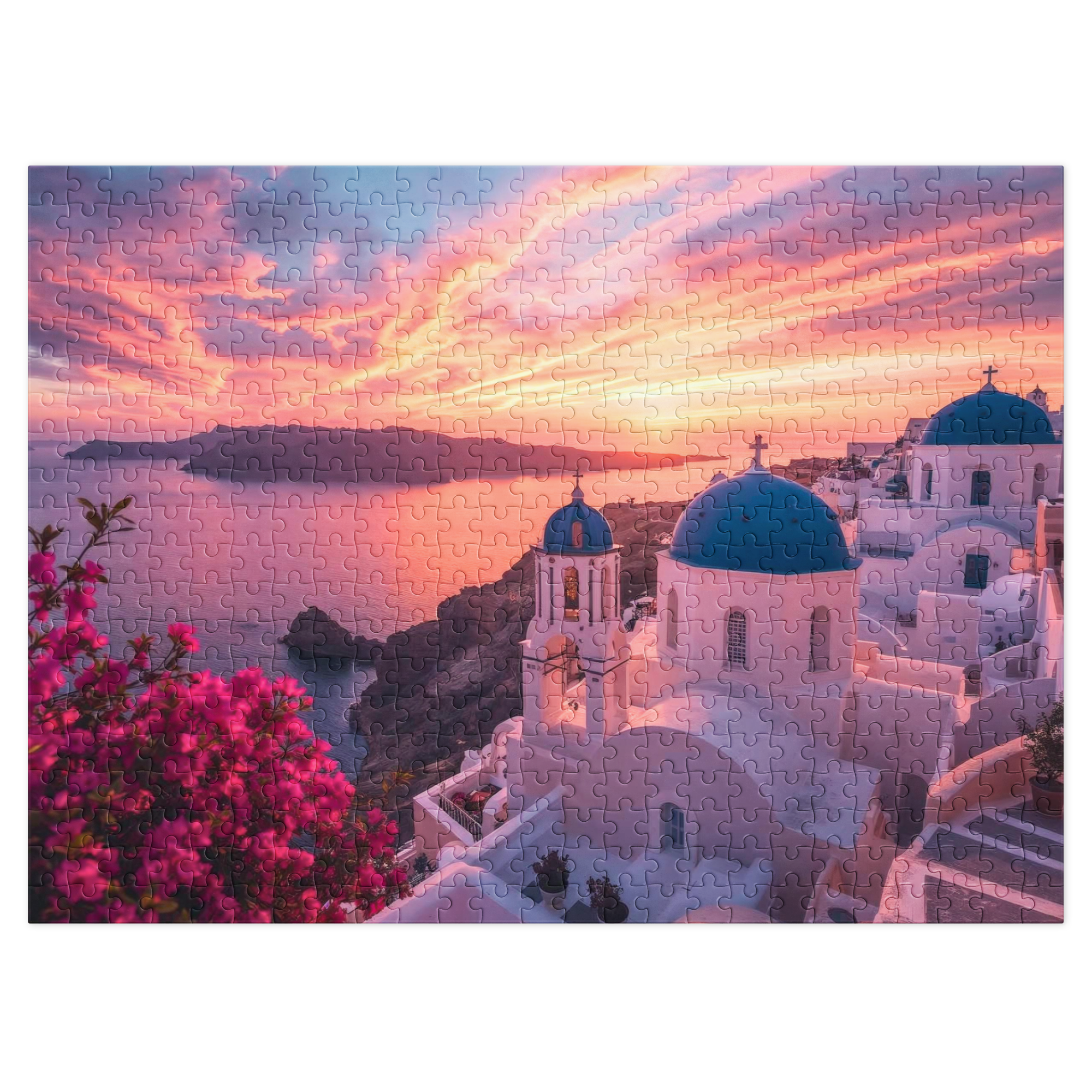 Jigsaw puzzle with the Santorini sunset over a coastal town featuring white buildings with blue domes.
